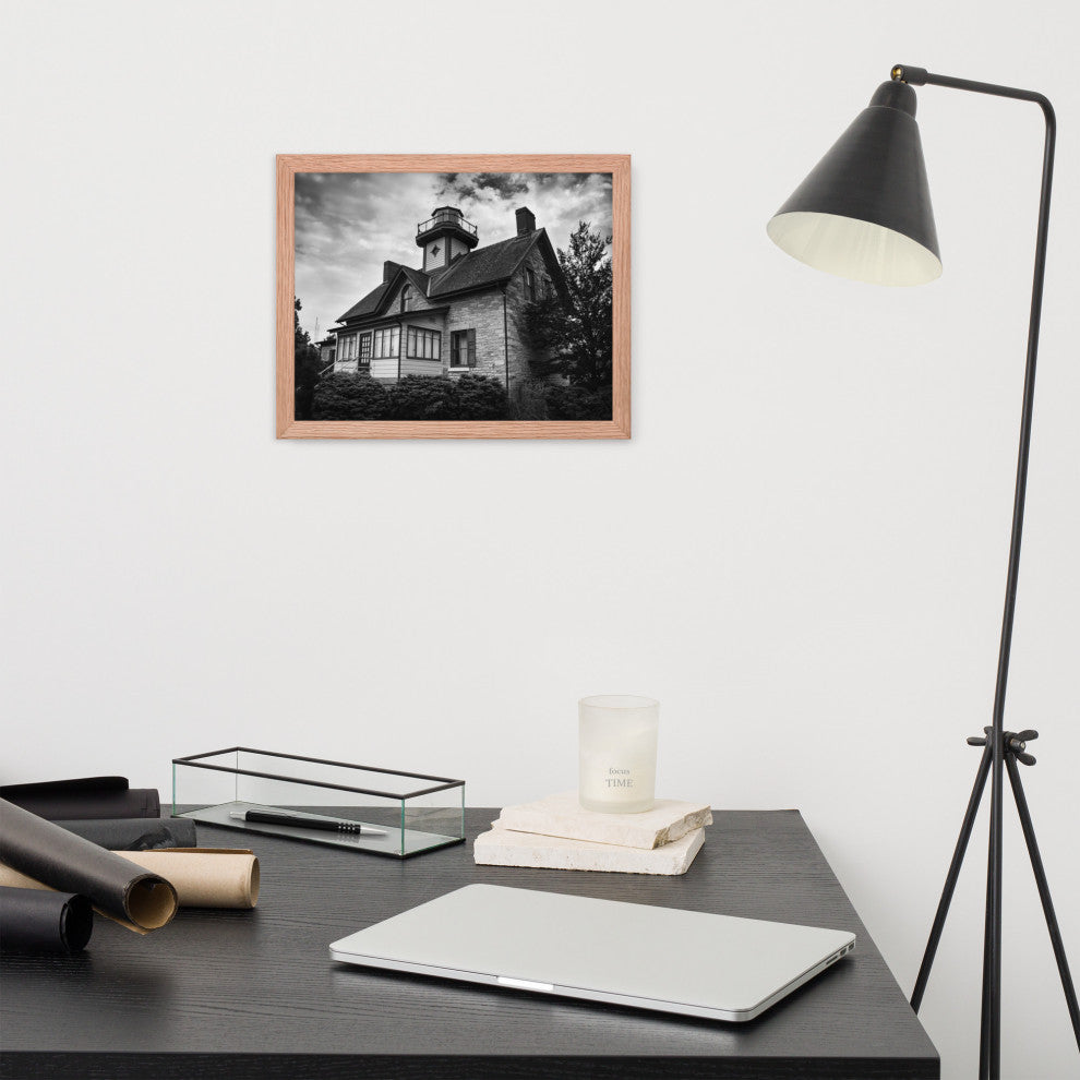 Cedar Point Lighthouse in Black and White Framed Photo Paper Wall Art Prints, Red Oak, 11" X 14"