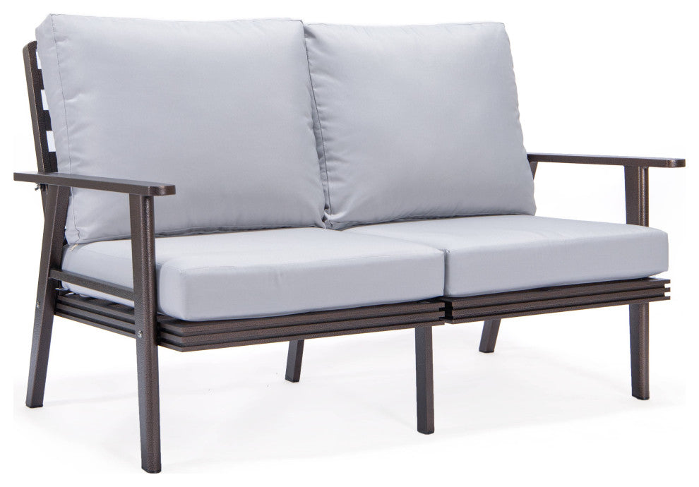 LeisureMod Walbrooke 3-Piece Patio Set With Brown Aluminum Frame and Cushions, Light Grey