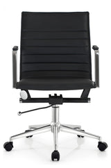 Modern Office Arm Chair With Wheels  Mid Back Ribbed PU Leather Adjustable, Black