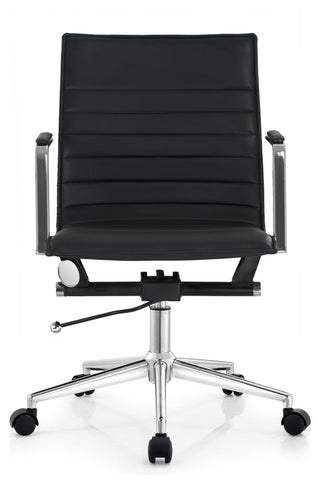 Modern Office Arm Chair With Wheels  Mid Back Ribbed PU Leather Adjustable, Black