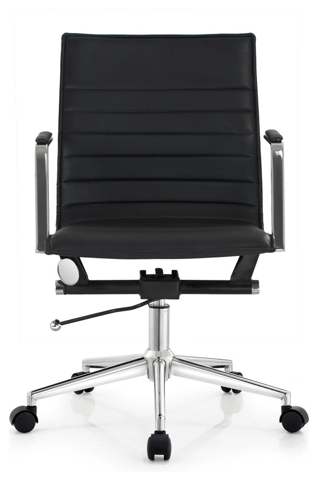 Modern Office Arm Chair With Wheels  Mid Back Ribbed PU Leather Adjustable, Black