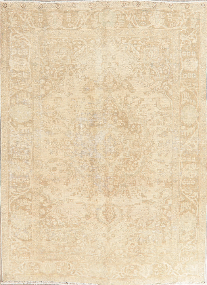 Consigned, Vintage Traditional Handmade Distressed Persian Area Rug, Beige, 6x9