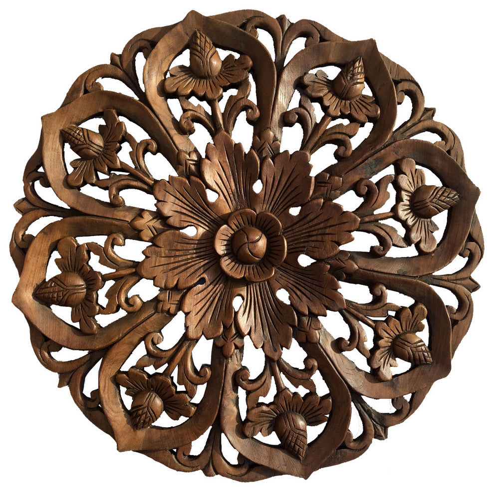 Oriental Bali Round Lotus Flower Carved Wood Wall Art Home Decor 24" Extra Thick
