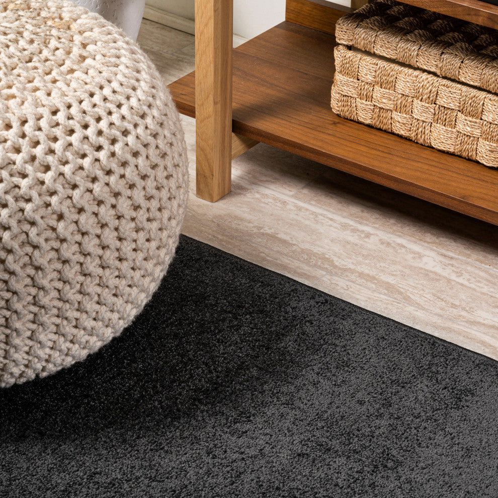 Haze Solid Low-Pile Runner Rug, Black, 5' Square