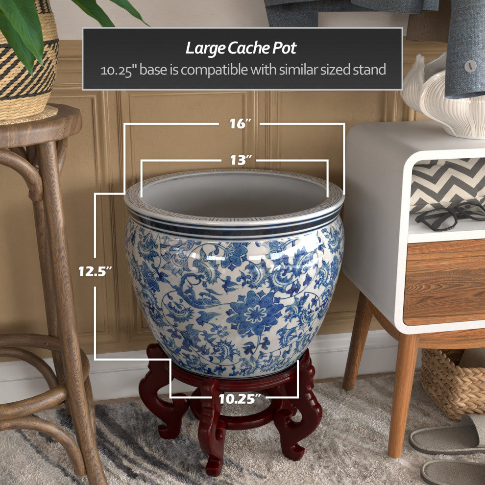 16" Floral Blue and White Porcelain Fishbowl