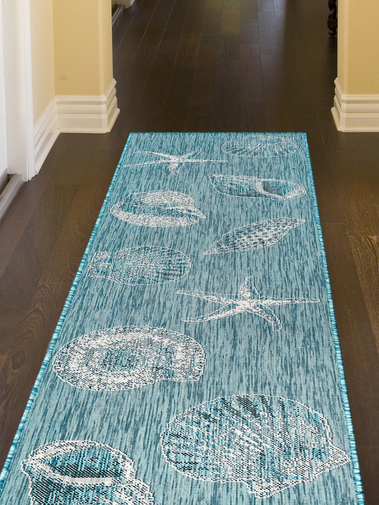 Carmel Shells Indoor/Outdoor Rug, Aqua, 1'11"x7'6" Runner