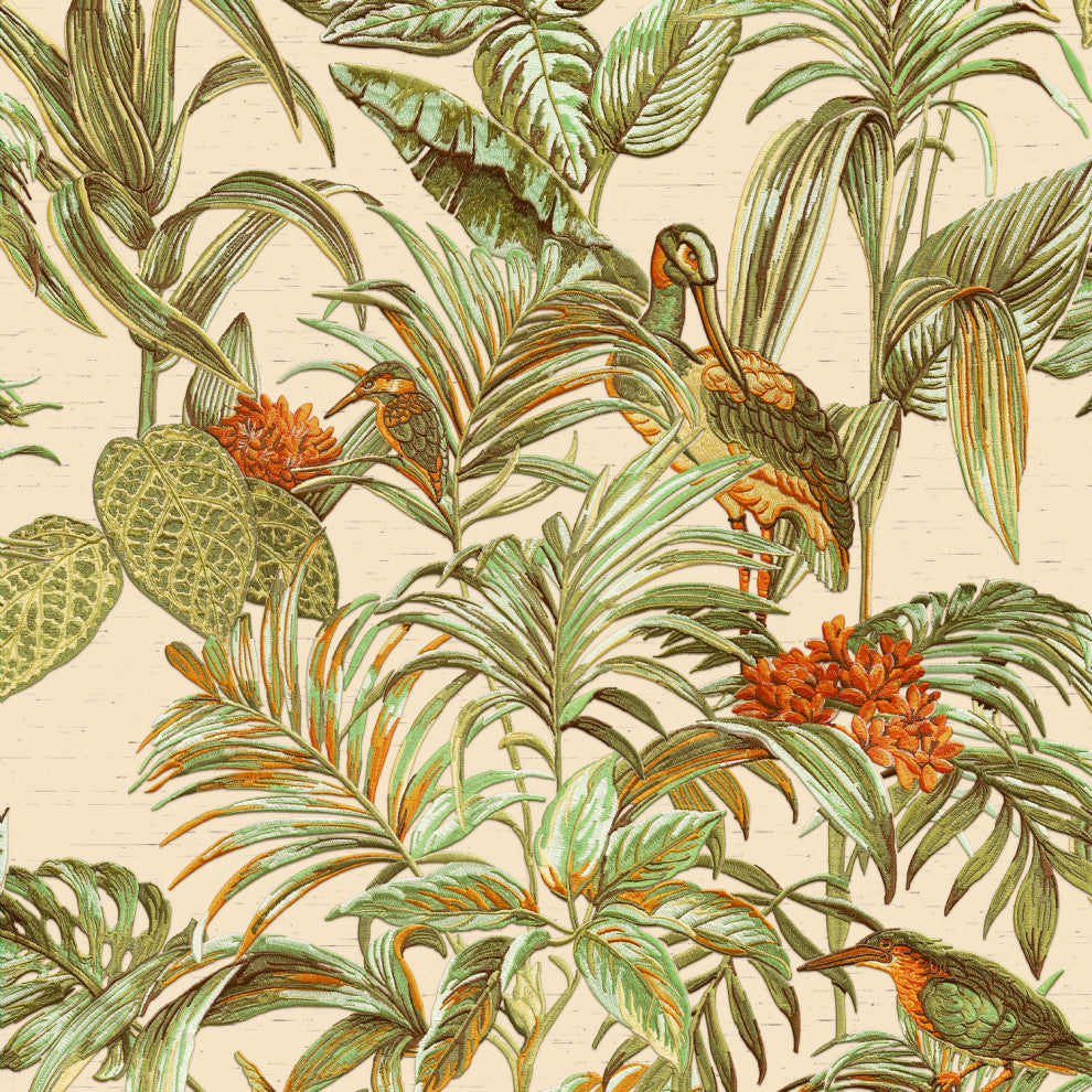 Textured Wallpaper, Birds Plants, Beige Green Orange, Sample