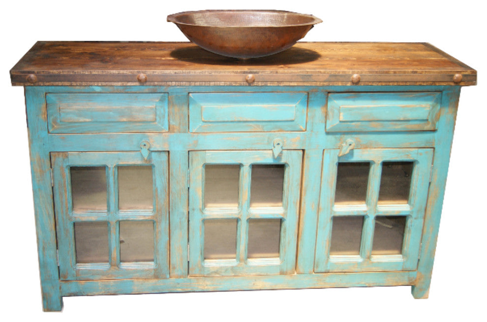 Abbot Rustic Bathroom Vanity Turquoise 3-Glass Doors, 72"x22"x36"