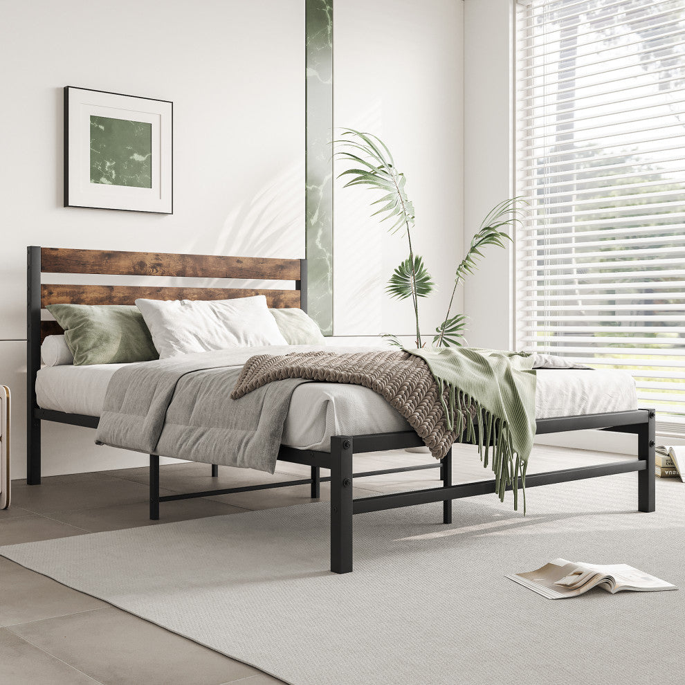 Gewnee Full Size Platform Bed Frame with Rustic Vintage Wood Headboard