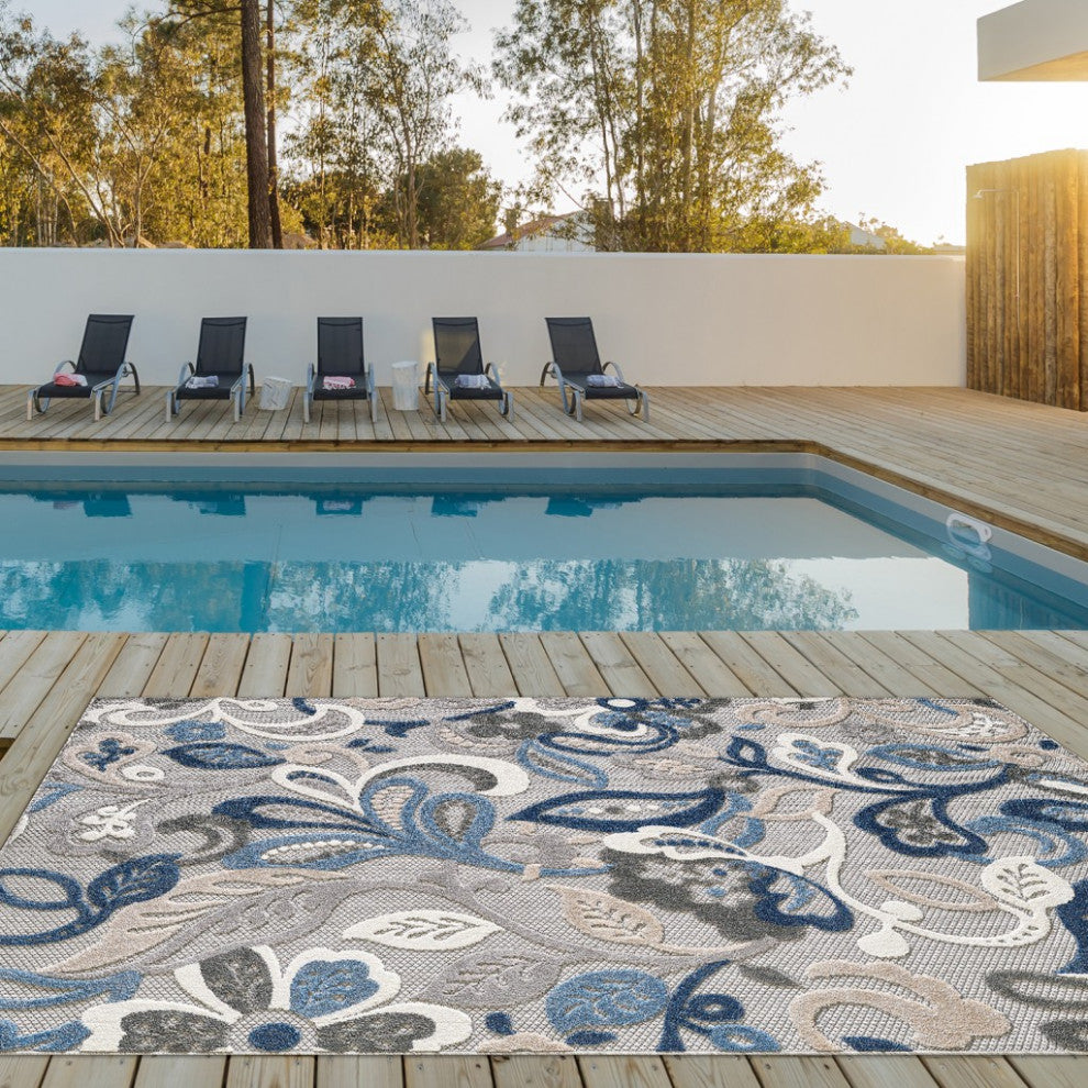 5"x7" Blue Gray Jacobean Floral Indoor Outdoor Area Rug