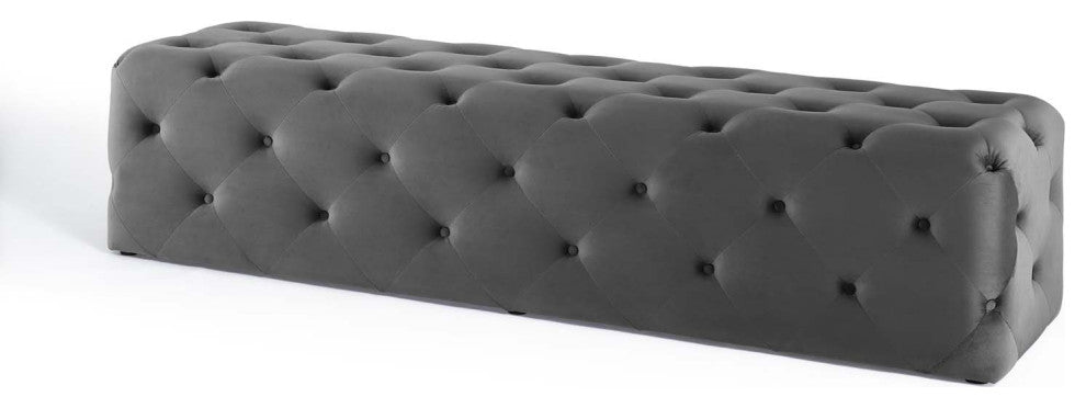 Tufted Accent Chair Bench, Velvet, Gray, Modern, Living Lounge Hospitality