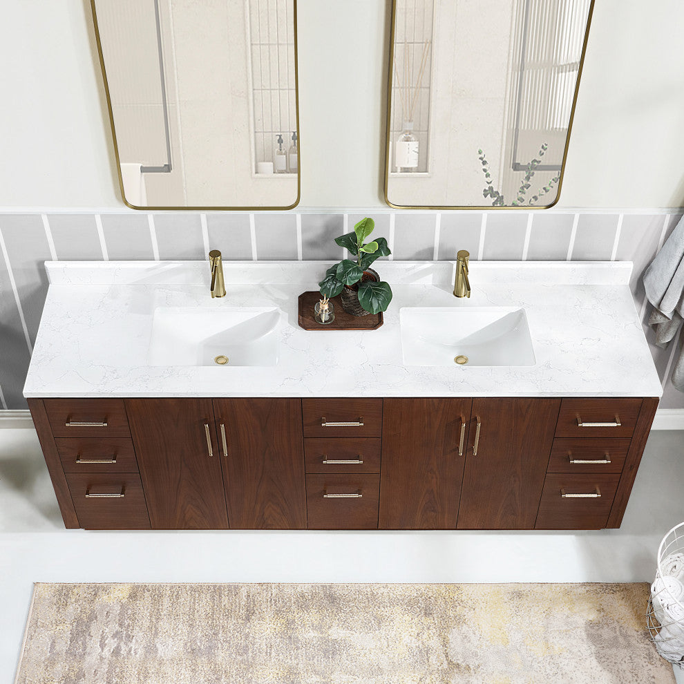 San Bath Vanity with Stone Top, Natural Walnut, 84", Double Vanity, No Mirror