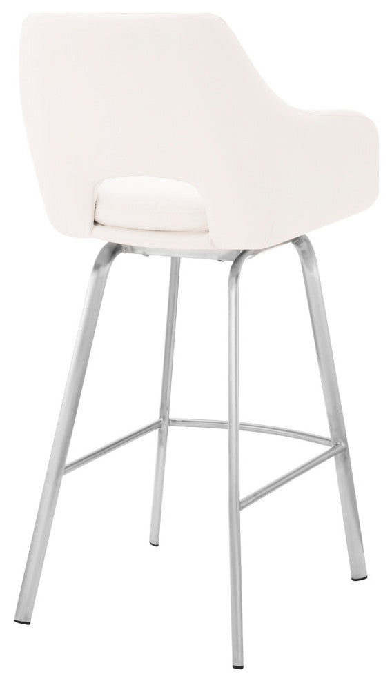 Aura Faux Leather and Metal Bar Stool, Stainless Steel and White, Bar Height, 29-32"