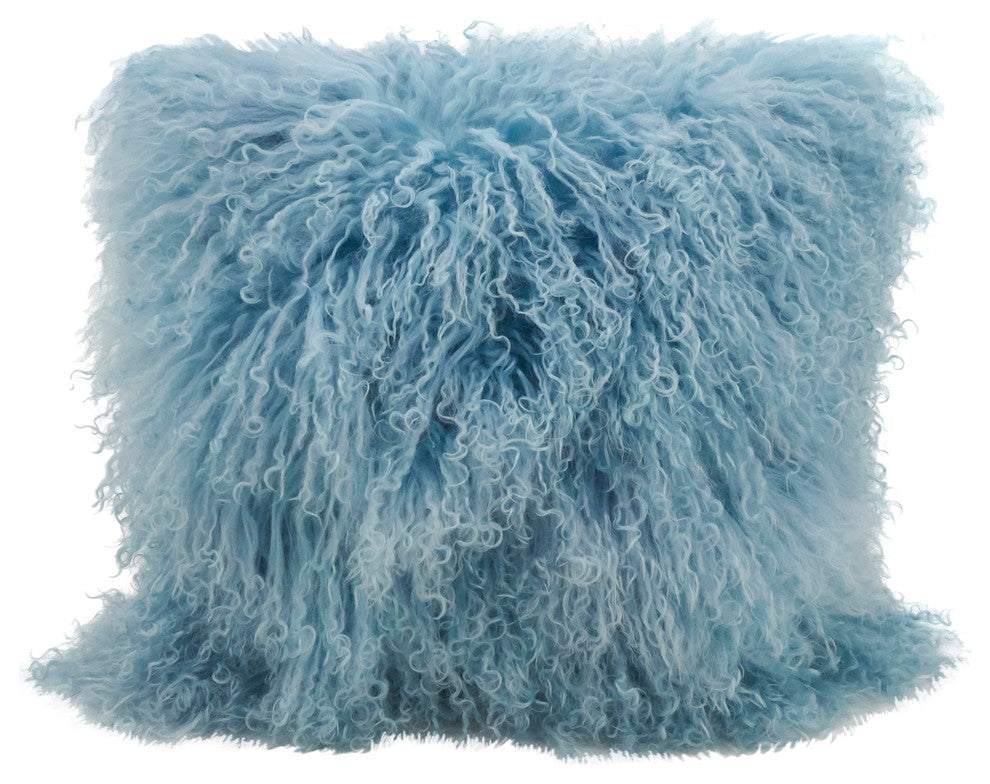 Mongolian Lamb Fur Poly Filled Throw Pillow, Ice Blue, 20"x20"