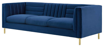 Channel Tufted Sofa, Velvet Couch, Navy Blue