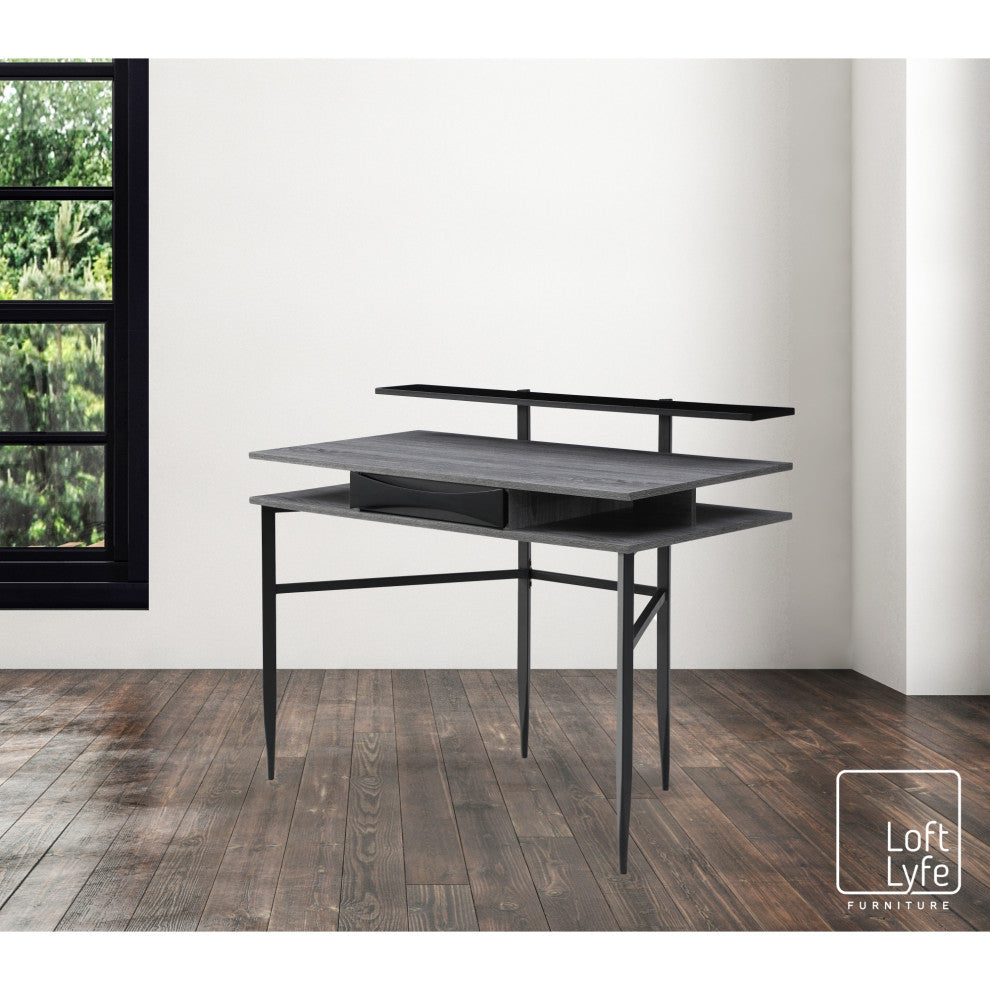 Loft Lyfe Nechama Desk, 1 Storage Drawer, Gray/Black 43.3Lx22.8Wx34.8H