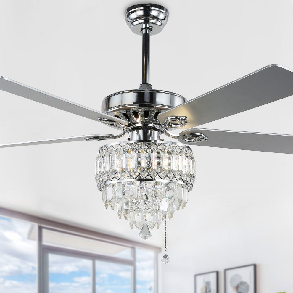 52" Black Crystal Reversible Ceiling Fan with 5 Wood Blades and Remote Control, Chrome, 52"