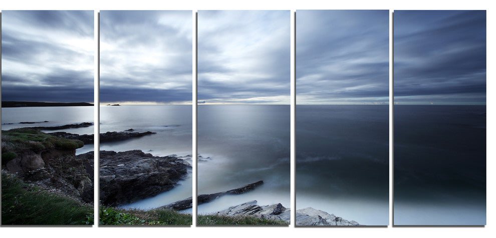 "Gloomy Bluish Atlantic Beach Portugal" Seashore Wall Art, 5 Panels, 60"x28"