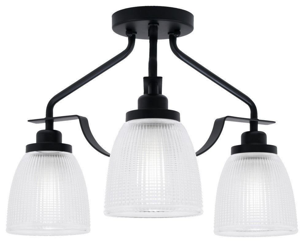 Odyssey 3 Light Semi Flush Mount In Matte Black Finish, 5" Clear Ribbed Glass