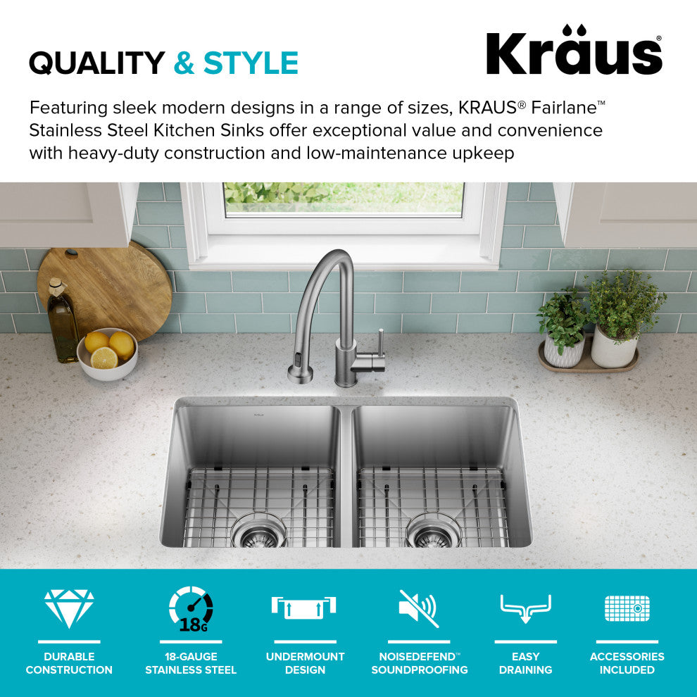 KRAUS Fairlane 33" Undermount 2-Bowl 18 Gauge Stainless Steel Kitchen Sink