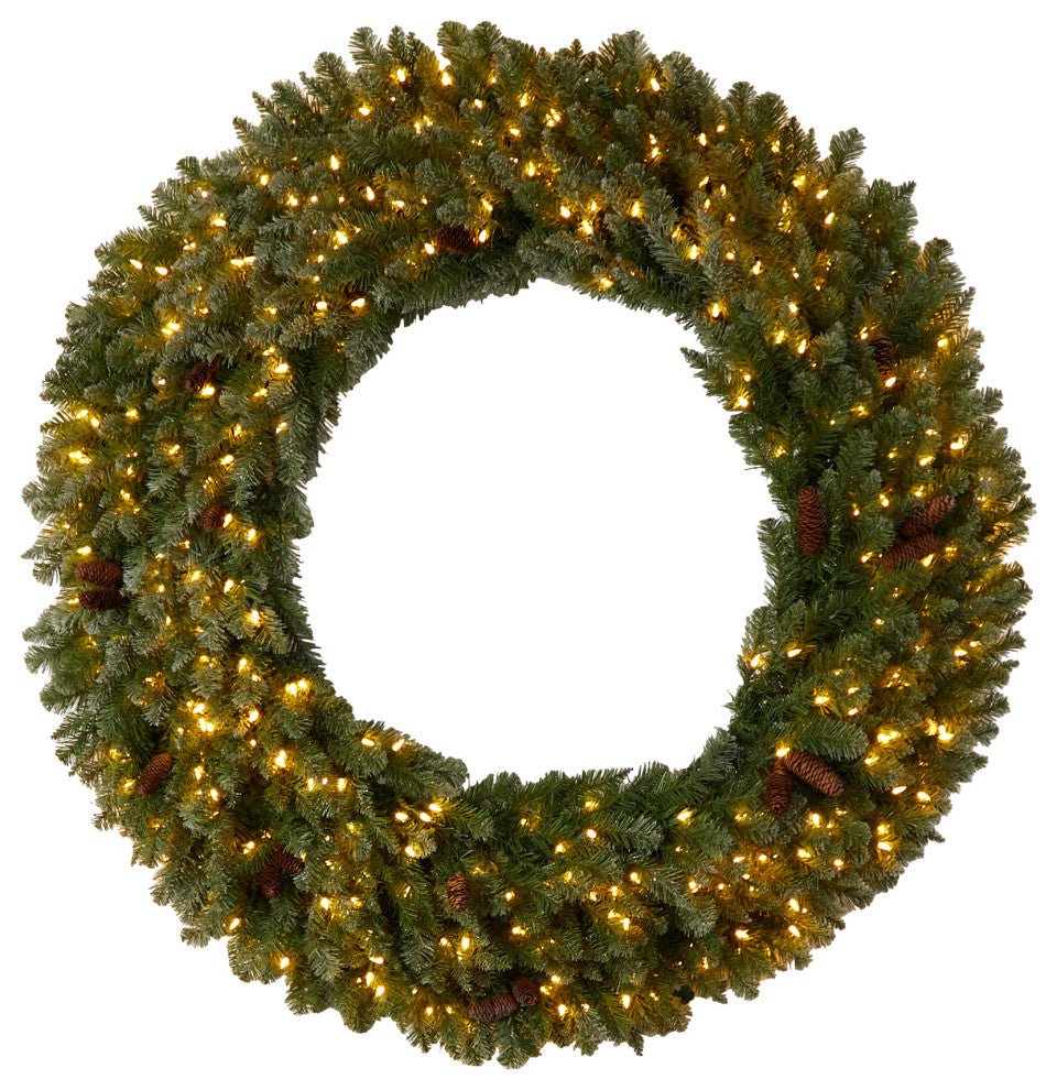 5' Flocked Faux Xmas Wreath W/Pinecones, Clear LED Lights & Bendable Branches