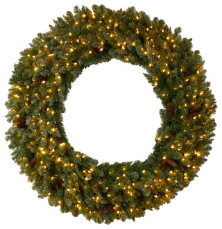 5' Flocked Faux Xmas Wreath W/Pinecones, Clear LED Lights & Bendable Branches