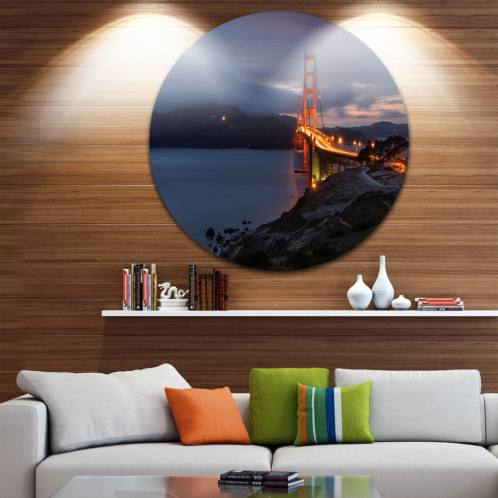 Golden Gate With Night Illumination, Sea Bridge Disc Metal Artwork, 11"