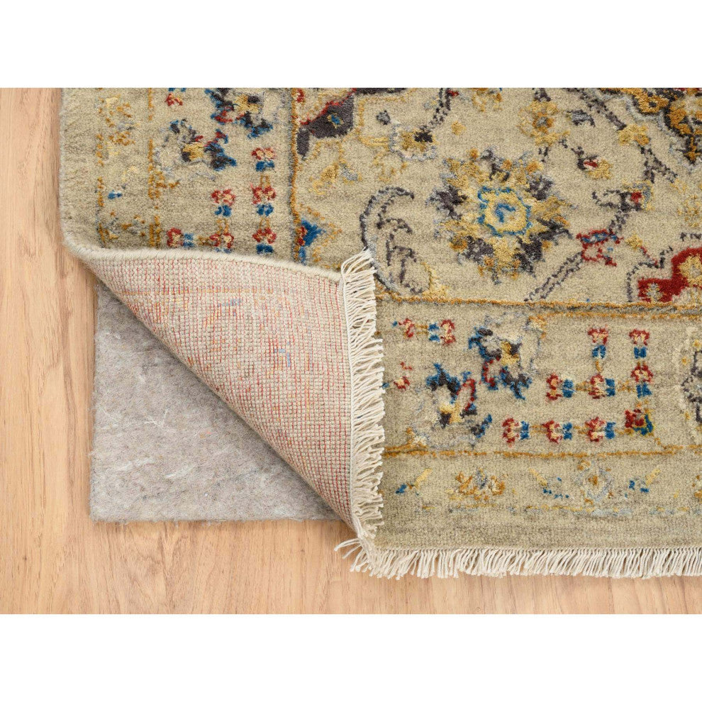 Beige, Hand Knotted, THE SUNSET ROSETTES Wool and Pure Silk, Rug, 5'3" x 7'0"