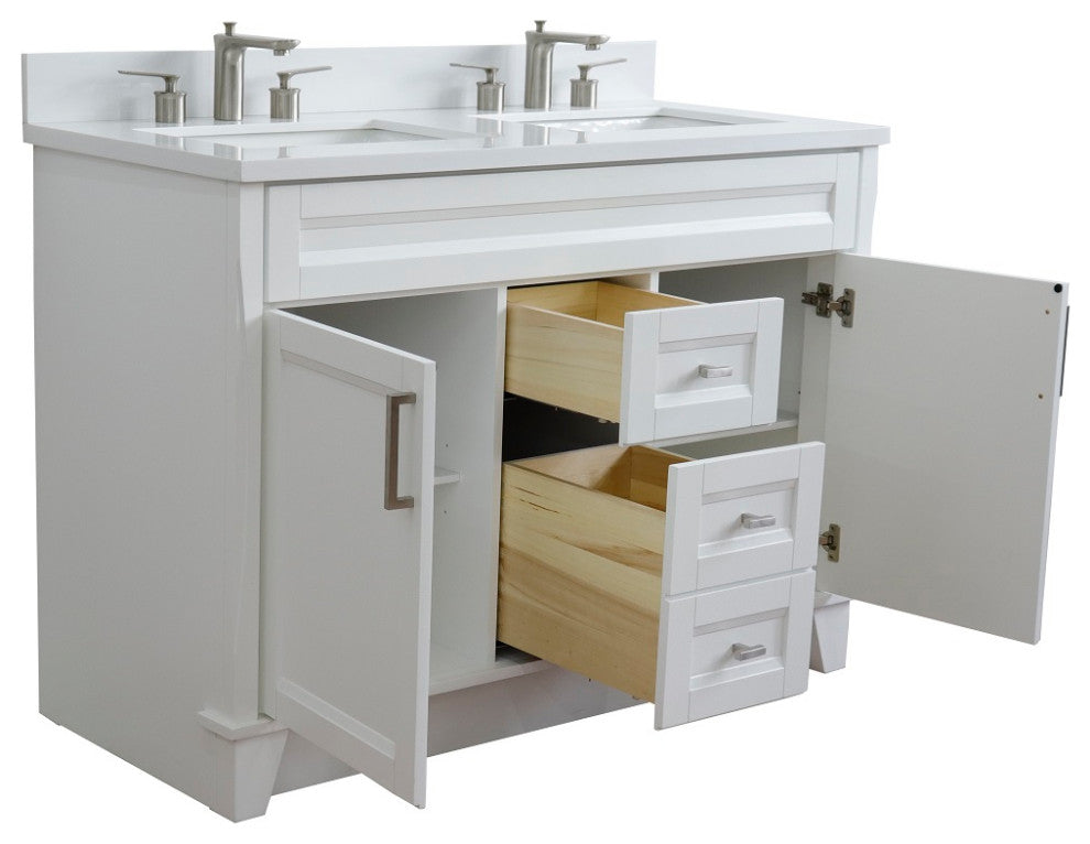 48" Double Sink Vanity, White Finish With Engineered Stone Top, Rectangle Sink