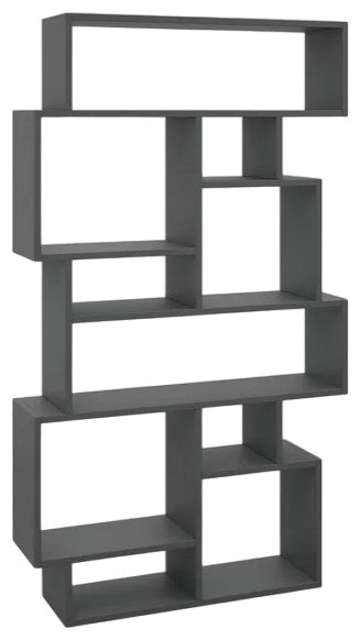 Modern Bookcase, Geometric Design With 10 Asymmetrical Open Shelves, Anthracite