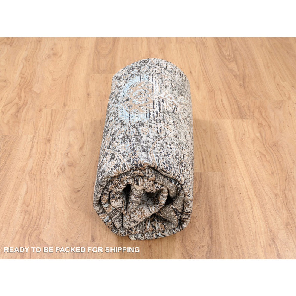 Gray, Hand Knotted, Modern, Silk with Textured Wool, Square Rug, 8'0" x 8'1"
