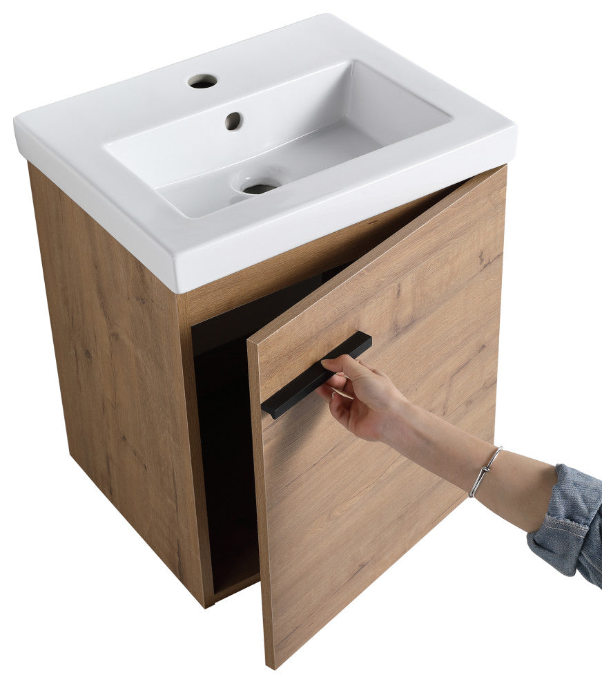 18 in. Wall-Mounted Small Bathroom Vanity With Ceramic Sink, Imitative Oak
