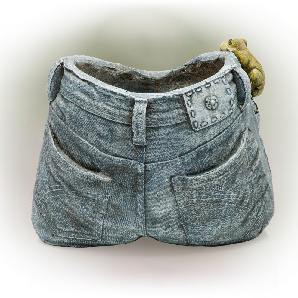 Rugged Denim Shorts Flower Planter with Frog