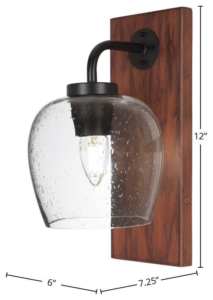 Oxbridge 1-Light Wall Sconce, Matte Black & Painted Wood-look Metal/Clear Bubble