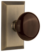 Single Studio Plate With Brown Porcelain Knob, Antique Brass