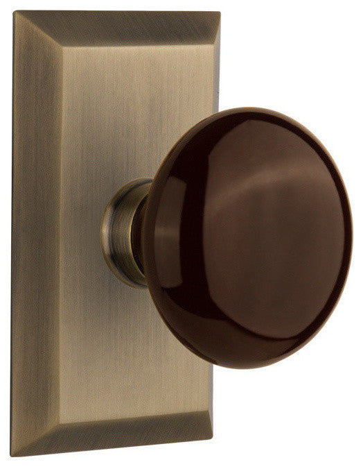 Single Studio Plate With Brown Porcelain Knob, Antique Brass