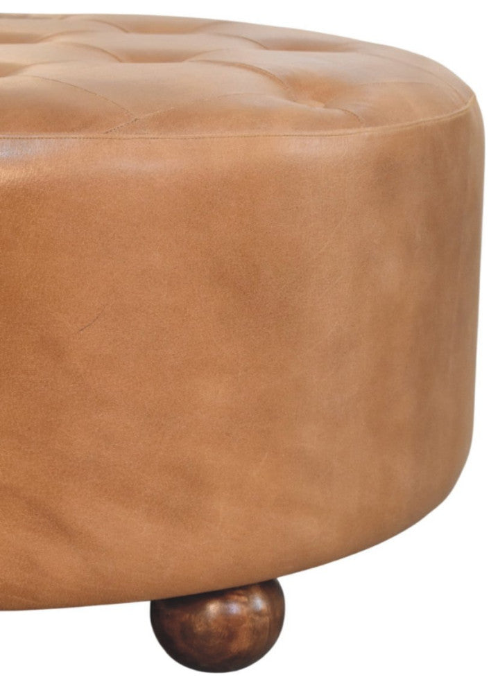 Ottoman upholstered Buffalo Brown hide leather Round Artisan Furniture