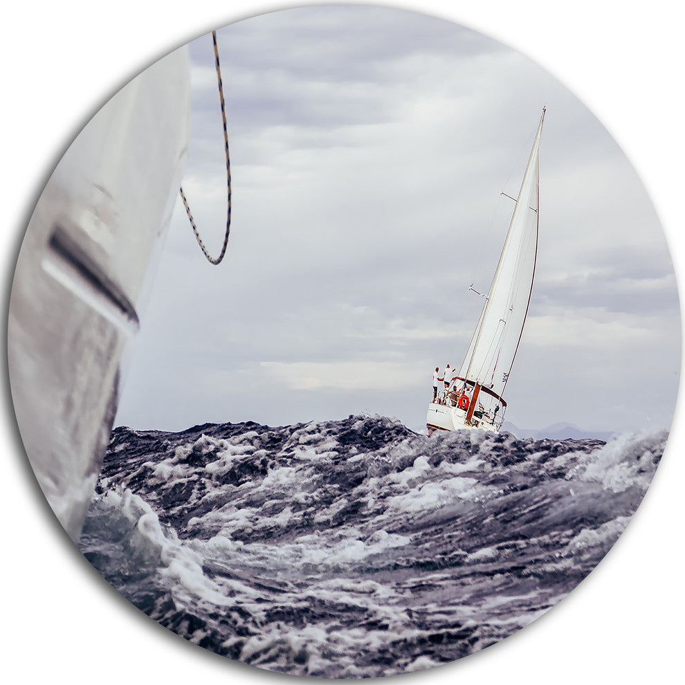 Storm While Sailing, Seascape Painting Round Metal Wall Art, 23"