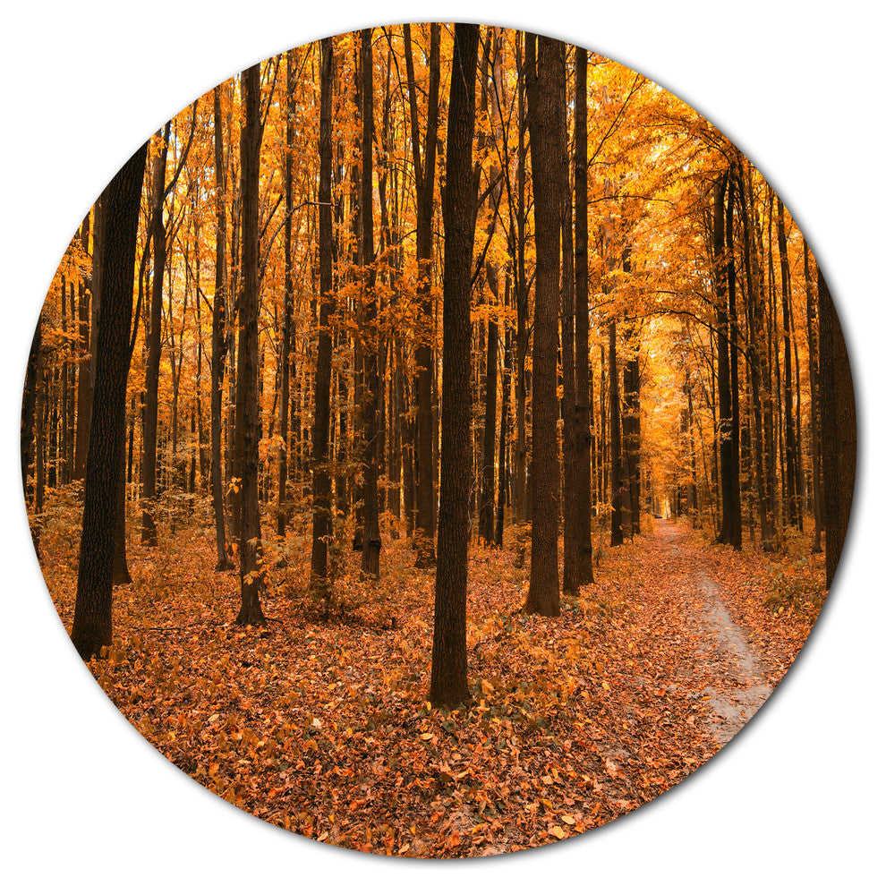 Yellow Trees And Fallen Leaves, Modern Forest Round Metal Wall Art, 36"