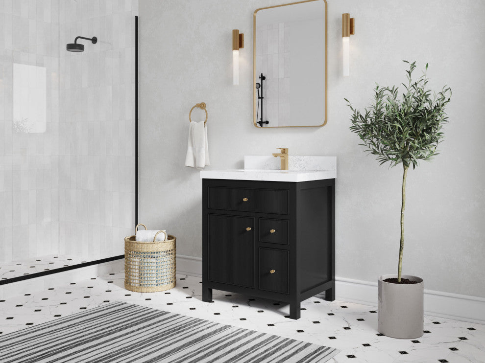Sonoma 30 Single Sink Reeded Bath Vanity in Black 2" Carrara Marble