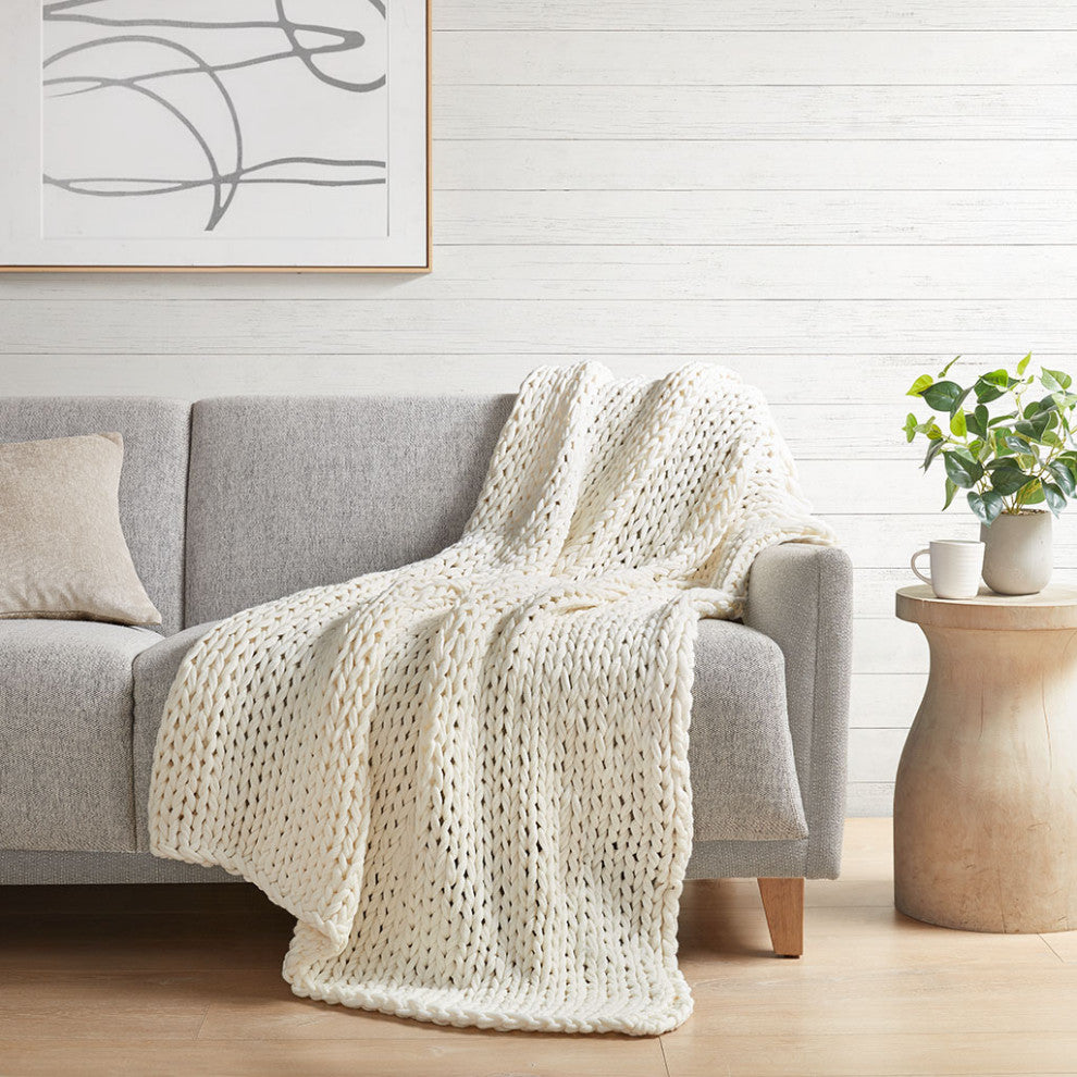 Madison Park Chunky Double Knit Handmade Throw Blanket, Blush, Ivory