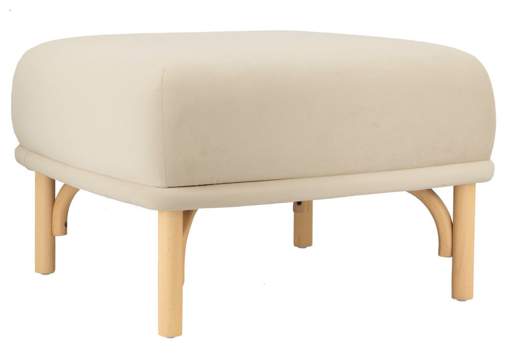 Desiree Velvet Ottoman, Boho Chic Coastal Beachwood Footstool, Cream