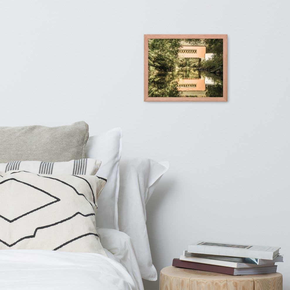 The Reflections of Wooddale Covered Bridge Aged Framed Photo Wall Art Print, Red Oak, 11" X 14"