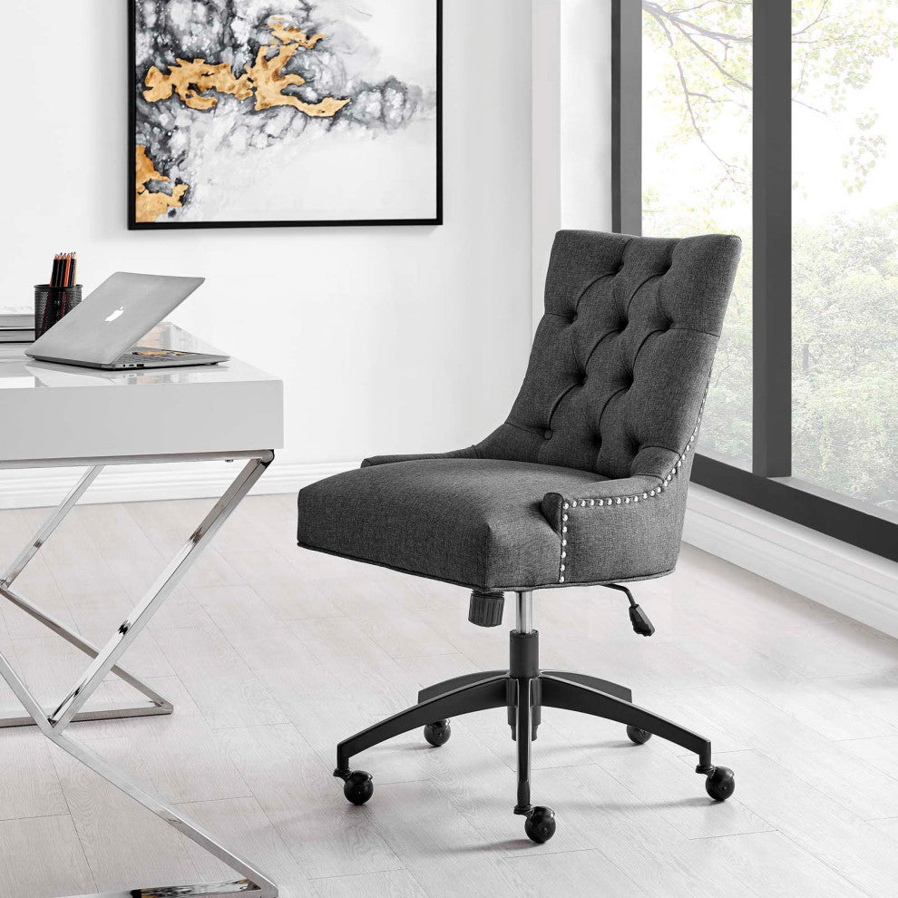 Computer Work Desk Tufted Chair, Fabric, Black Gray, Home Business Office