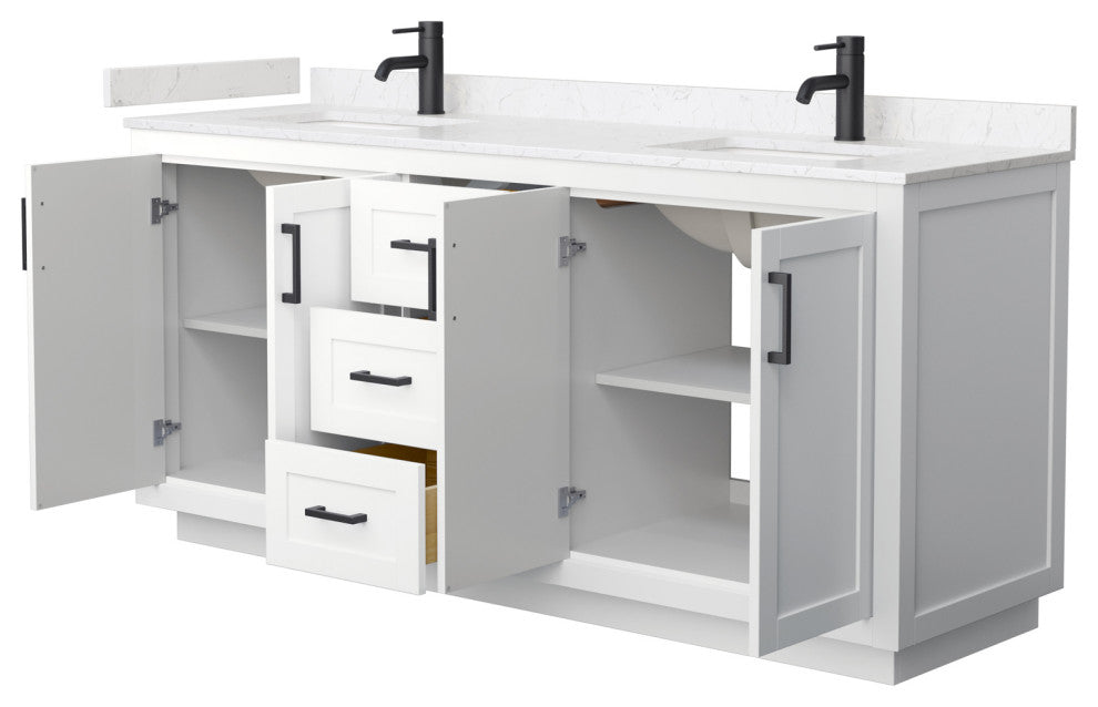 72"DBL Vanity White, Light-Vein Carrara Cult. Marble Top, Sinks, Black Trim