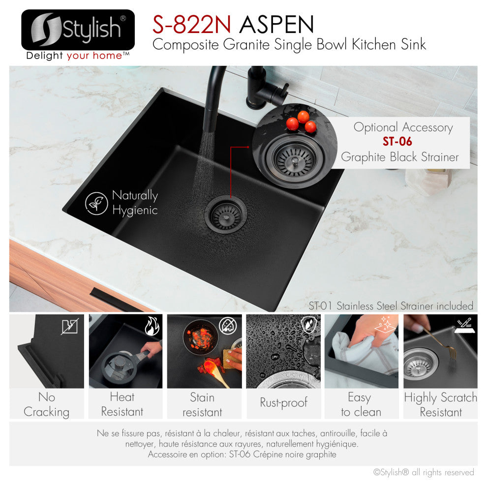 Dual Mount 22" Single-Bowl Black Granite Kitchen Sink with Strainer