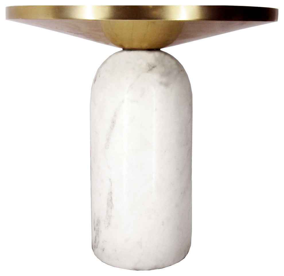 Benzara UPT-272904 Accent End Table With Cylindrical Marble Base, Brass, White