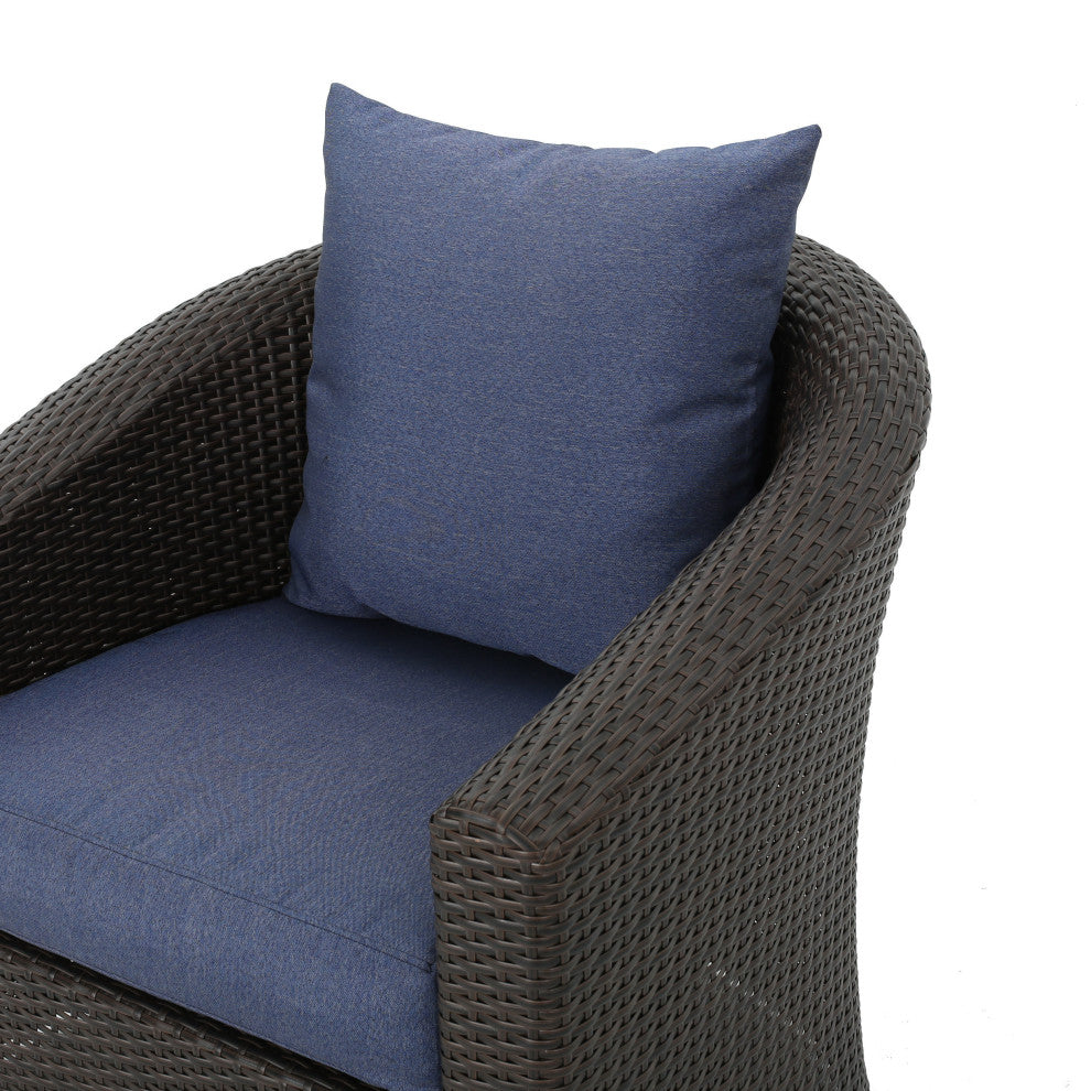 GDF Studio Dillard Outdoor Mix Brown Wicker Swivel Club Chair, Navy Blue, Set of 4
