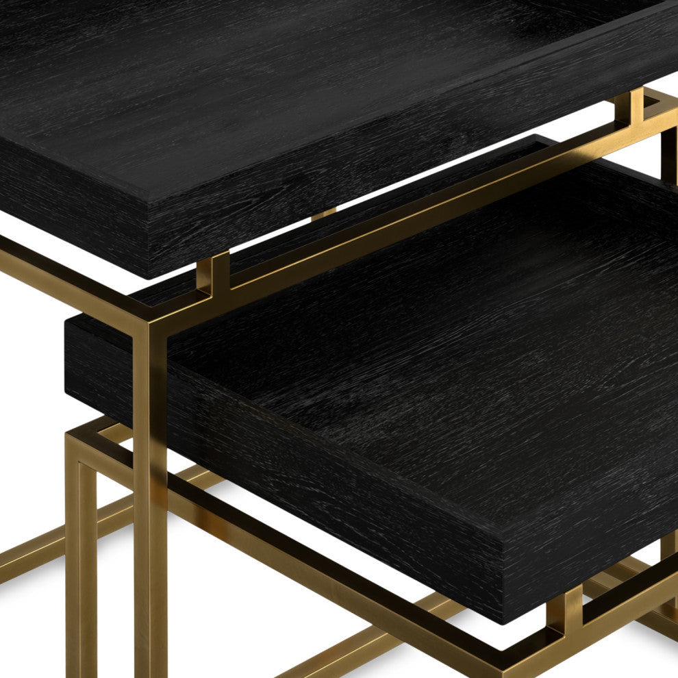 Macy Solid Mango Wood 2 Pc Nesting Table, Black, Gold