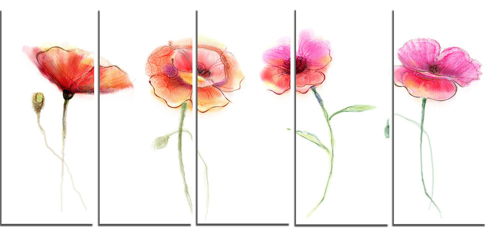 Watercolor Poppy Flowers Sketch, Flower Artwork on Canvas, 60"x28", 5 Panels